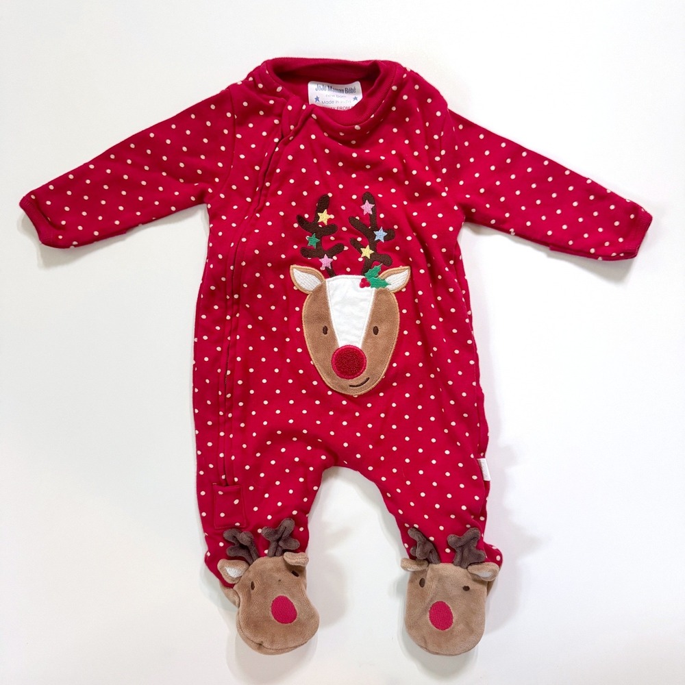JoJo Maman Bebe Sleeper Newborn Red Polka Dot Reindeer Holiday Footie
